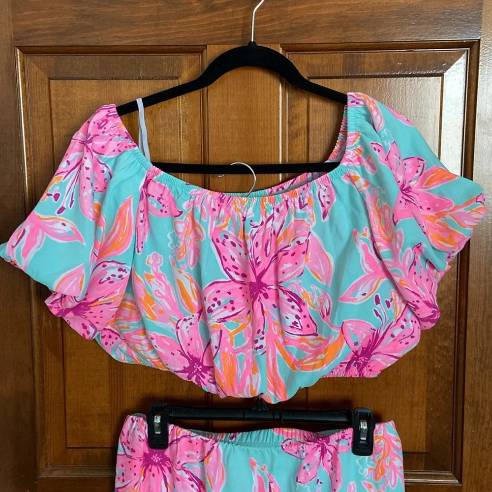 Floral Off-Shoulder Two-Piece Outfit Set Dress in Turquoise and Pink - Picture 4 of 14